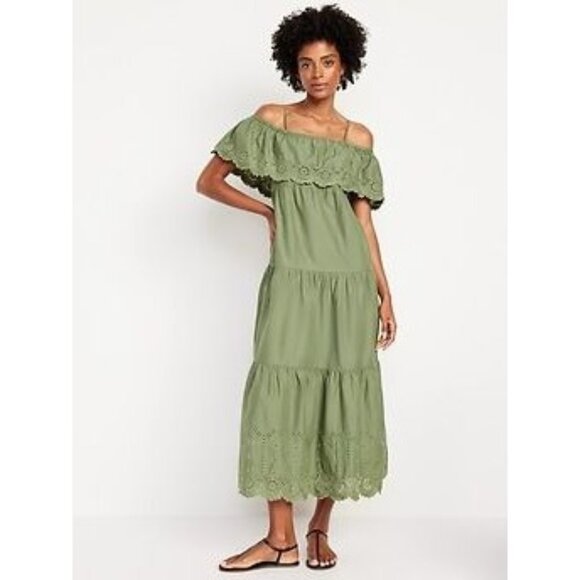 NEW Old Navy Cold Shoulder Maxi Swing Dress Medium Olive - Picture 1 of 11